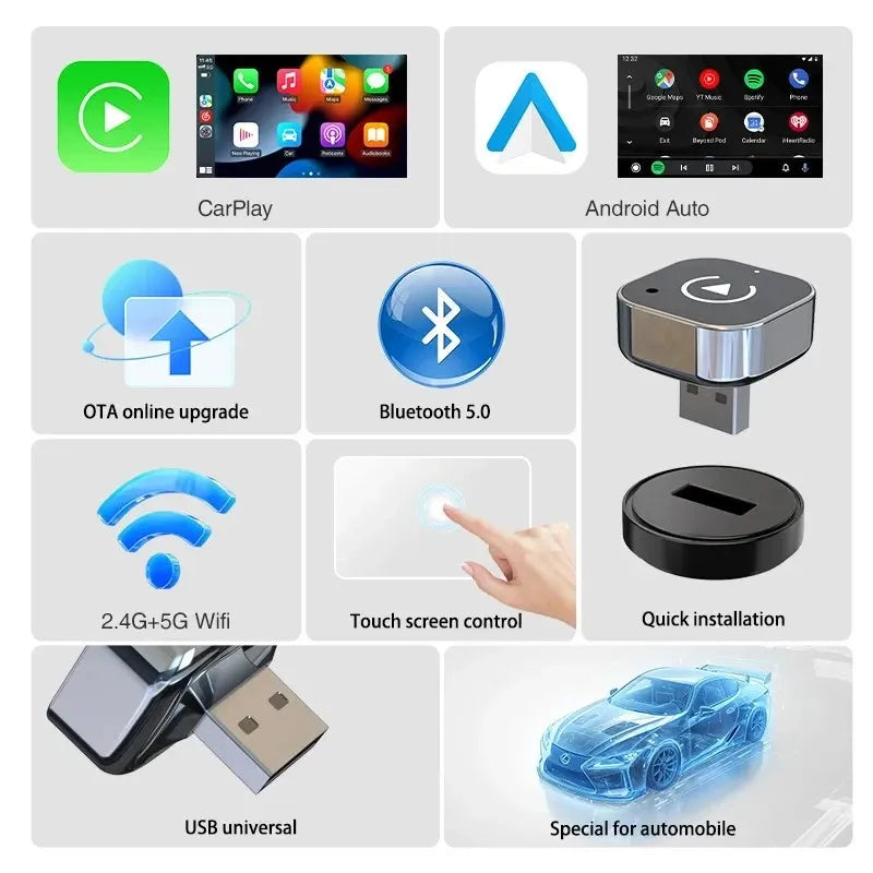 Adaptador inalámbrico 2 en 1 Pionray para CarPlay y Android Auto: caja inteligente con IA para todos los coches, compatibilidad universal con conexión inalámbrica perfecta