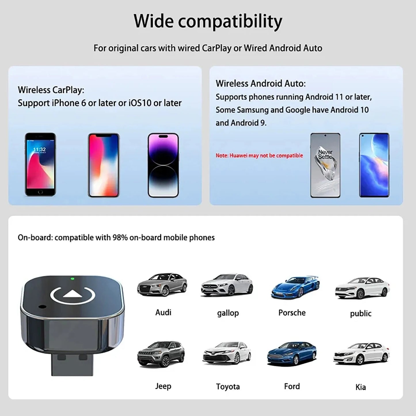 Adaptador inalámbrico 2 en 1 Pionray para CarPlay y Android Auto: caja inteligente con IA para todos los coches, compatibilidad universal con conexión inalámbrica perfecta